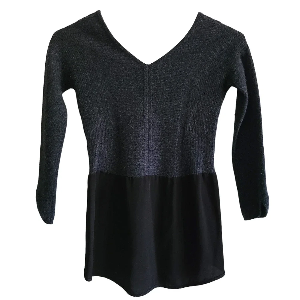 QUINN Cashmere Blend Double V Neck Peplum Sweater Charcoal Gray Black Women's XS